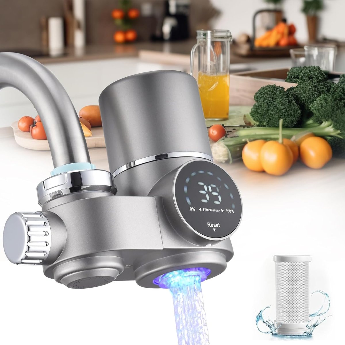 Wasserhahnfilter mit LED-Temperaturanzeige aus ABS und Edelstahl, zwei Modi, Wasseraufbereitung für die Küchenarmatur | Sansoti