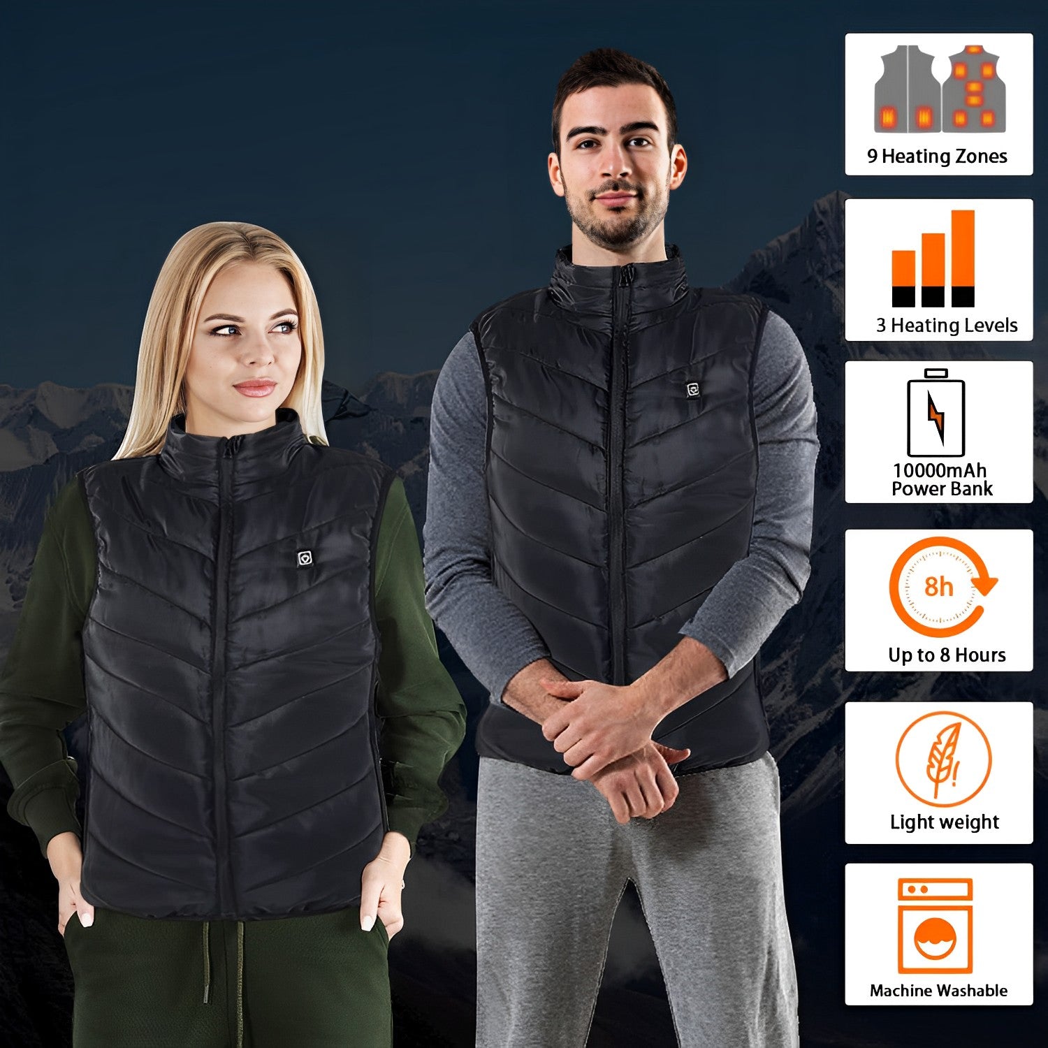 Beheizbare Unisex-Weste, per USB aufladbar, mit 10.000-mAh-Powerbank, Kohlefaser und 3 Wärmestufen für den Winter im Freien | Sansoti