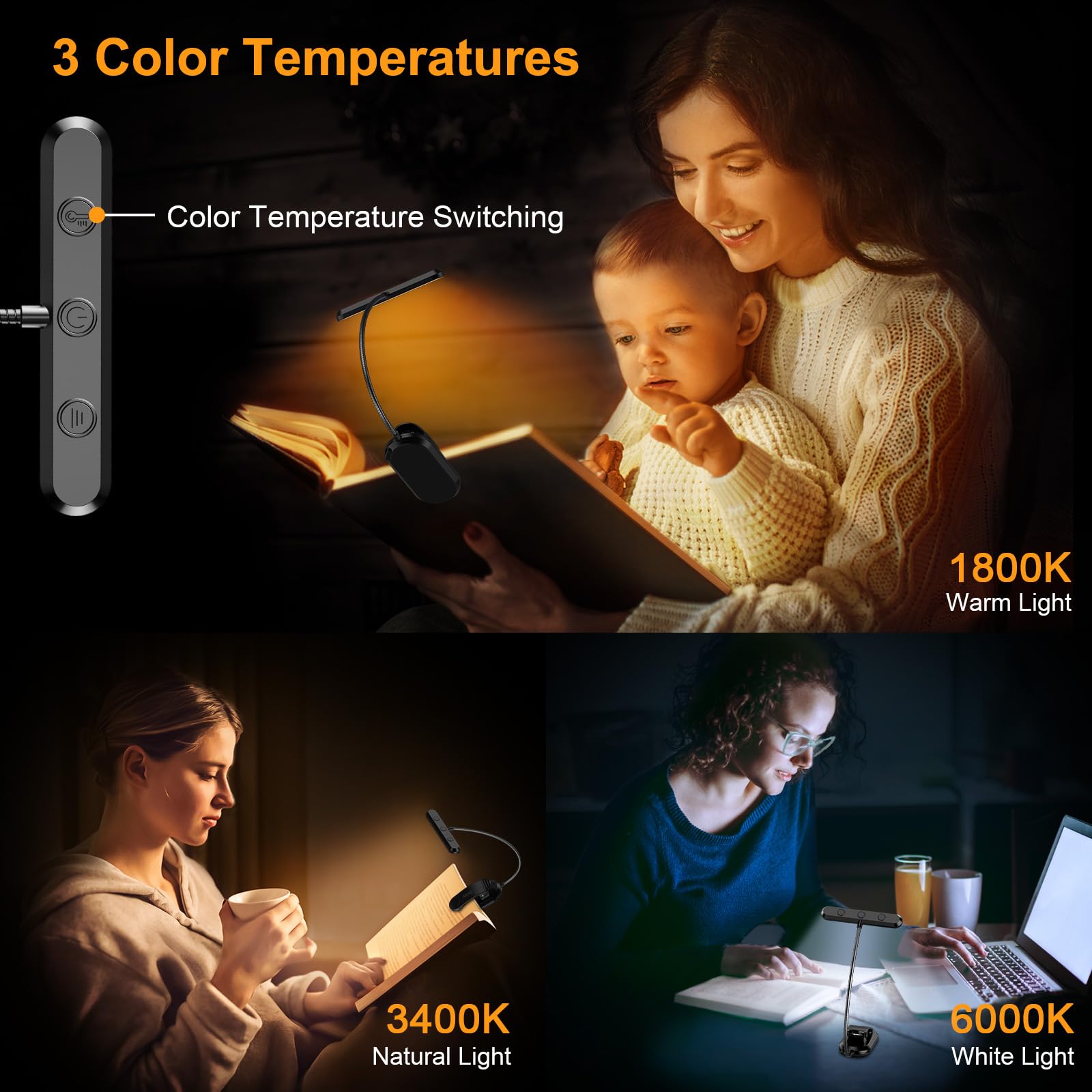 Rechargeable Reading Lamp with 19 LEDs – 3 Color Temperatures & 5 Brightness Levels – Flexible Adjustable Neck – Clamp Design for Book & E-reader – USB-C – Ideal for Night Reading | Sansoti