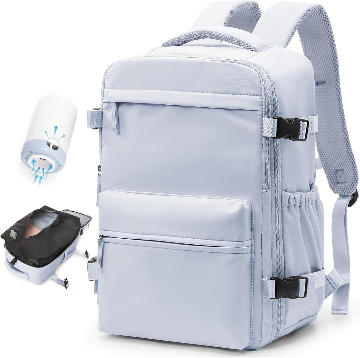 Kompressions-Reiserucksack mit Vakuumpumpe 42x28x15cm, wasserdicht, Oxford, Laptopfach 17 Zoll, Schwarz Beige Grau | Sansoti