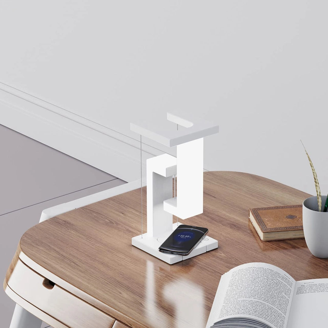 Schwebende Tischlampe mit kabellosem Ladegerät, magnetisch, dimmbar, weiß, für Schreibtisch und Nachttisch, modernes Touch-Bedienfeld | Sansoti