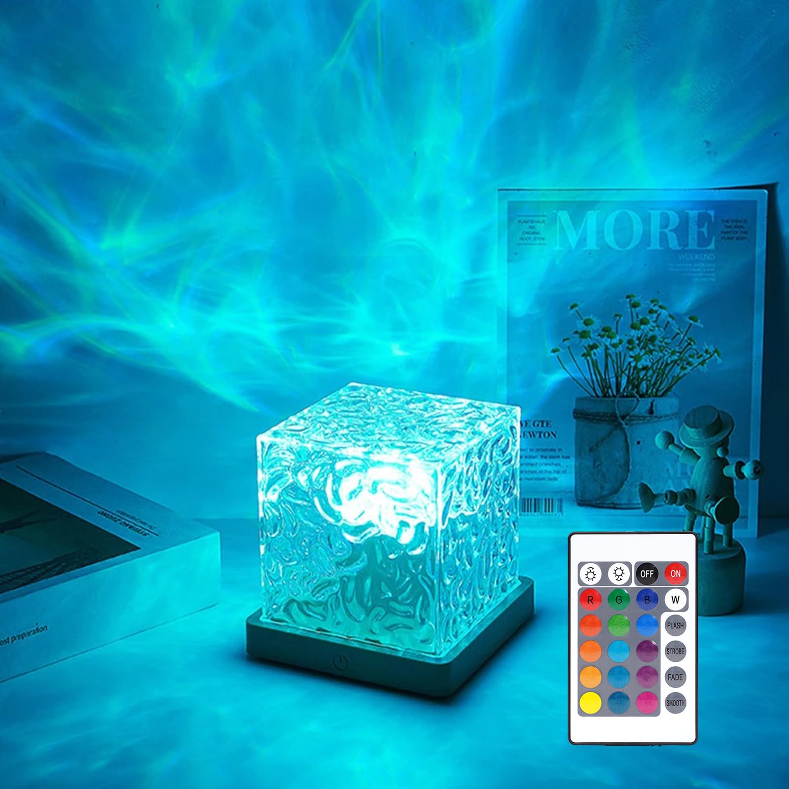 Ocean Wave Projector Lamp with Northern Lights Effect 16 Colors Remote Control Natural Wood Finish | Sansoti