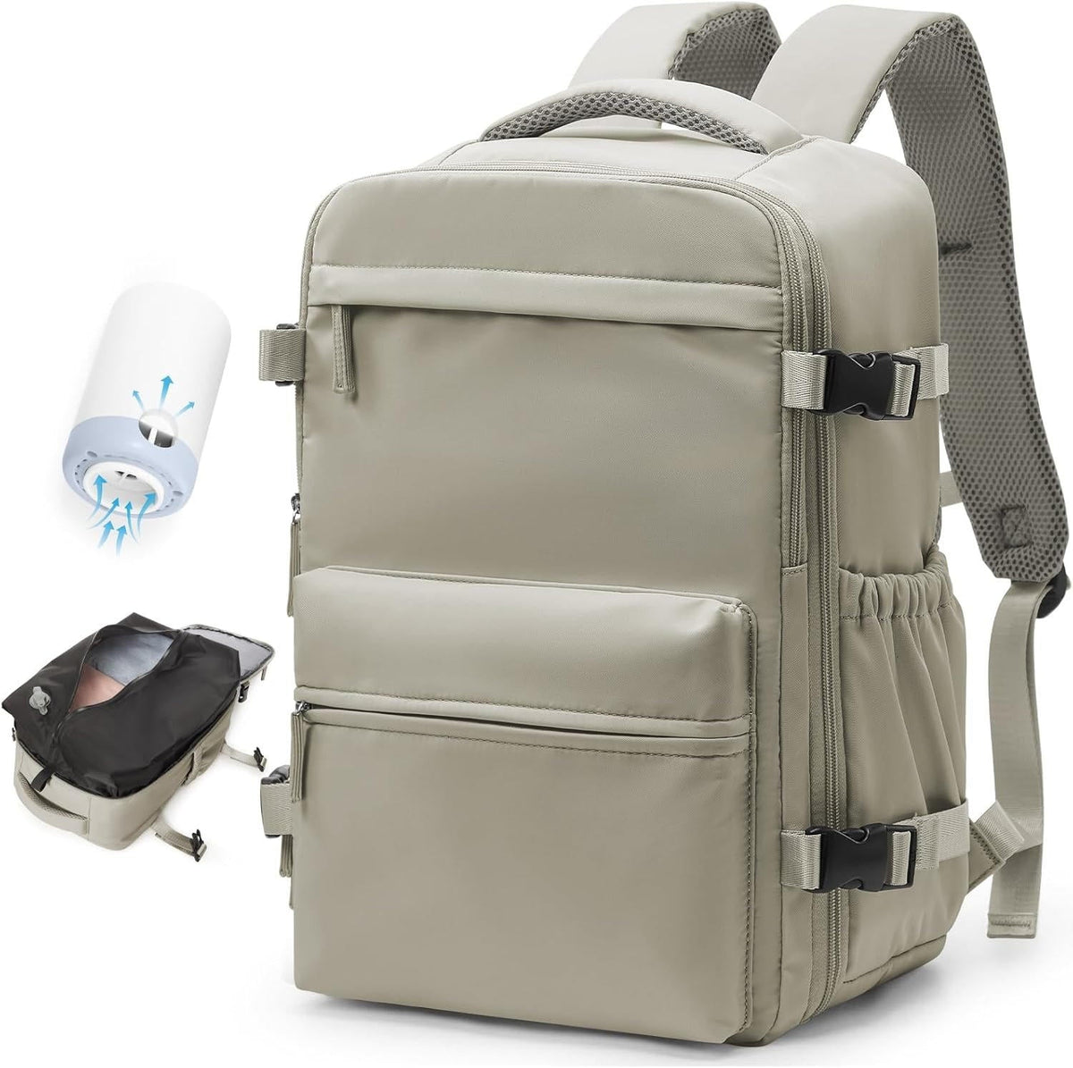 Kompressions-Reiserucksack mit Vakuumpumpe 42x28x15cm, wasserdicht, Oxford, Laptopfach 17 Zoll, Schwarz Beige Grau | Sansoti