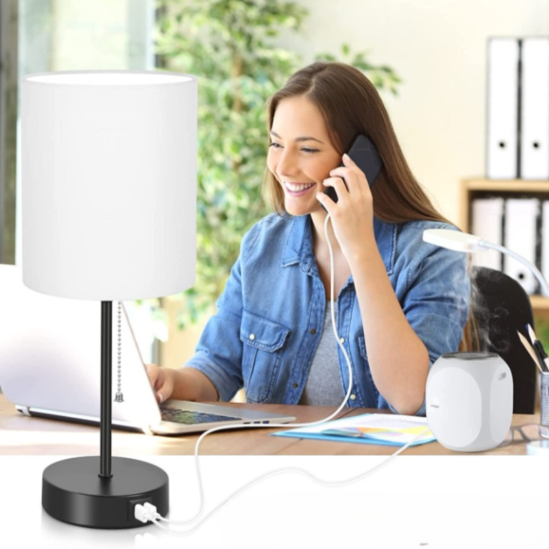 Tafellampen Set 2 Stuks met USB Oplaadpoort Grijs Metaal Trekschakelaar Nachtkastje Slaapkamer Bureau | Sansoti