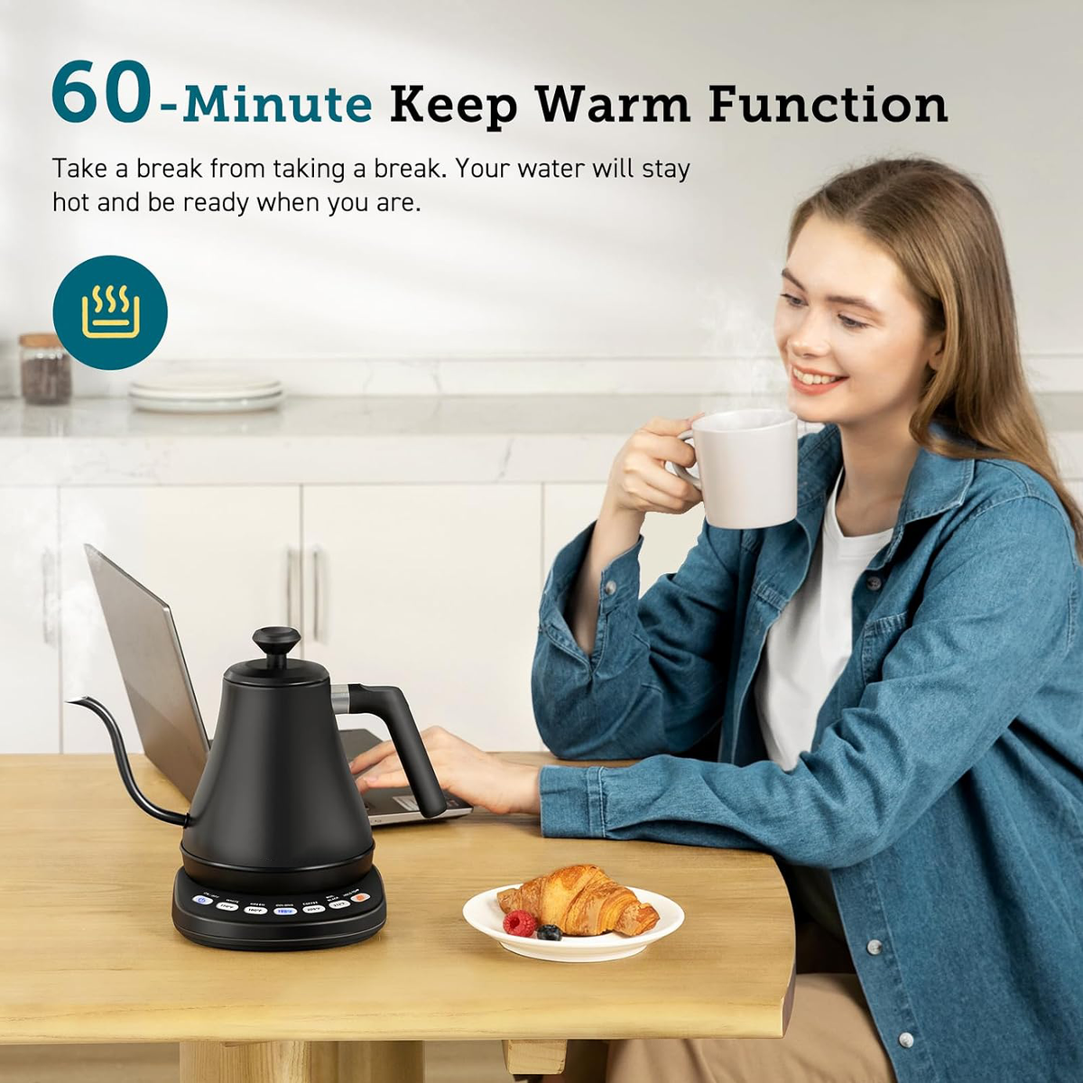 Electric Gooseneck Kettle 0.8L Stainless Steel Black with Precise Temperature Control for Perfect Tea & Coffee | Sansoti