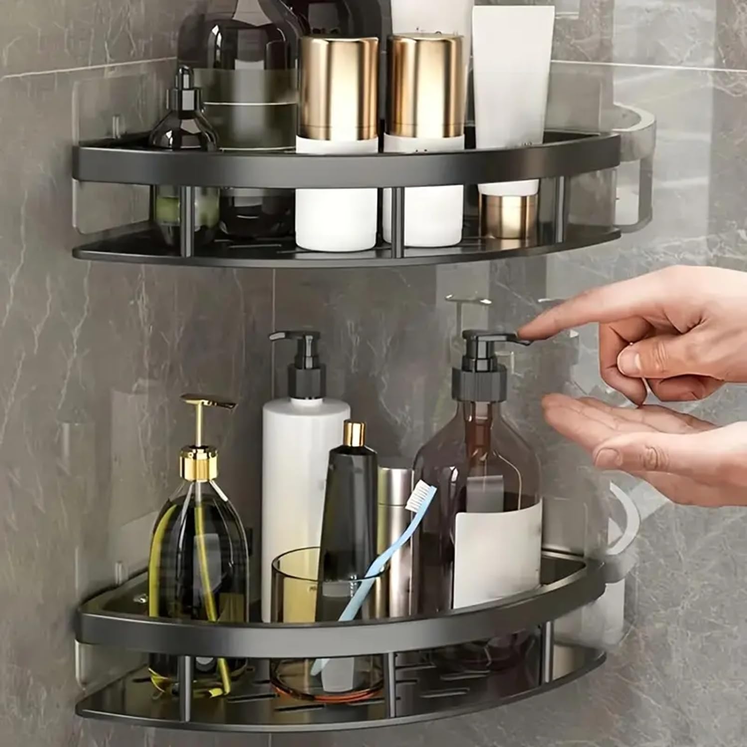 Aluminium Hoekplank voor Douche en Badkamer zonder Boren met Sterke Kleefpad Zwart Zilver | Sansoti