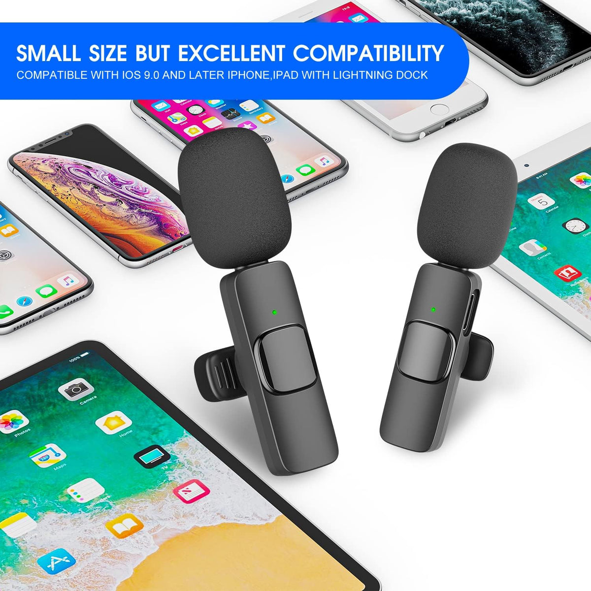 Draadloze Microfoonset voor Smartphone 2 Stuks Lightning 2.4GHz Lavalier Clip 65ft Bereik Vlogging Opname | Sansoti