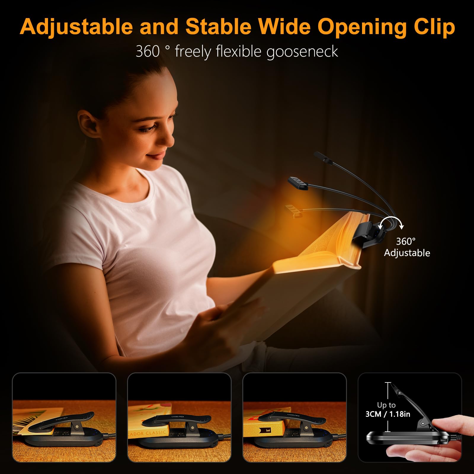 Rechargeable Reading Lamp with 19 LEDs – 3 Color Temperatures & 5 Brightness Levels – Flexible Adjustable Neck – Clamp Design for Book & E-reader – USB-C – Ideal for Night Reading | Sansoti