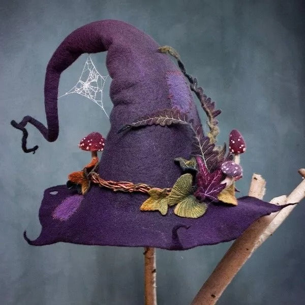 Handgefertigter Hexenhut aus Filzwolle, lila, rot und blau, für Halloween, Partykostüm, Dekoration, Vintage-Accessoire | Sansoti