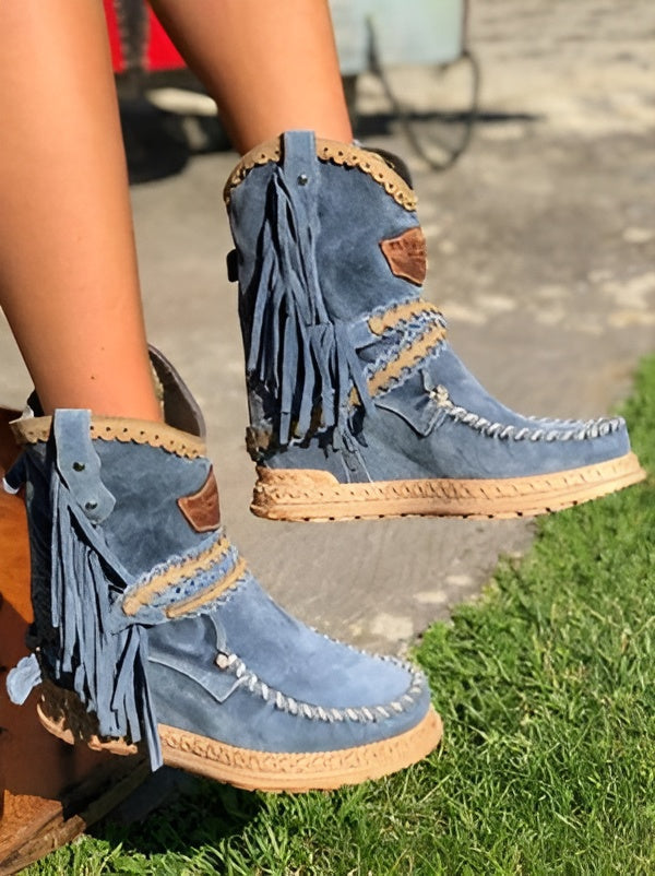 Boho Laarsjes met Franje voor Dames – Suède Western Stijl met Comfort Loopzool | Sansoti
