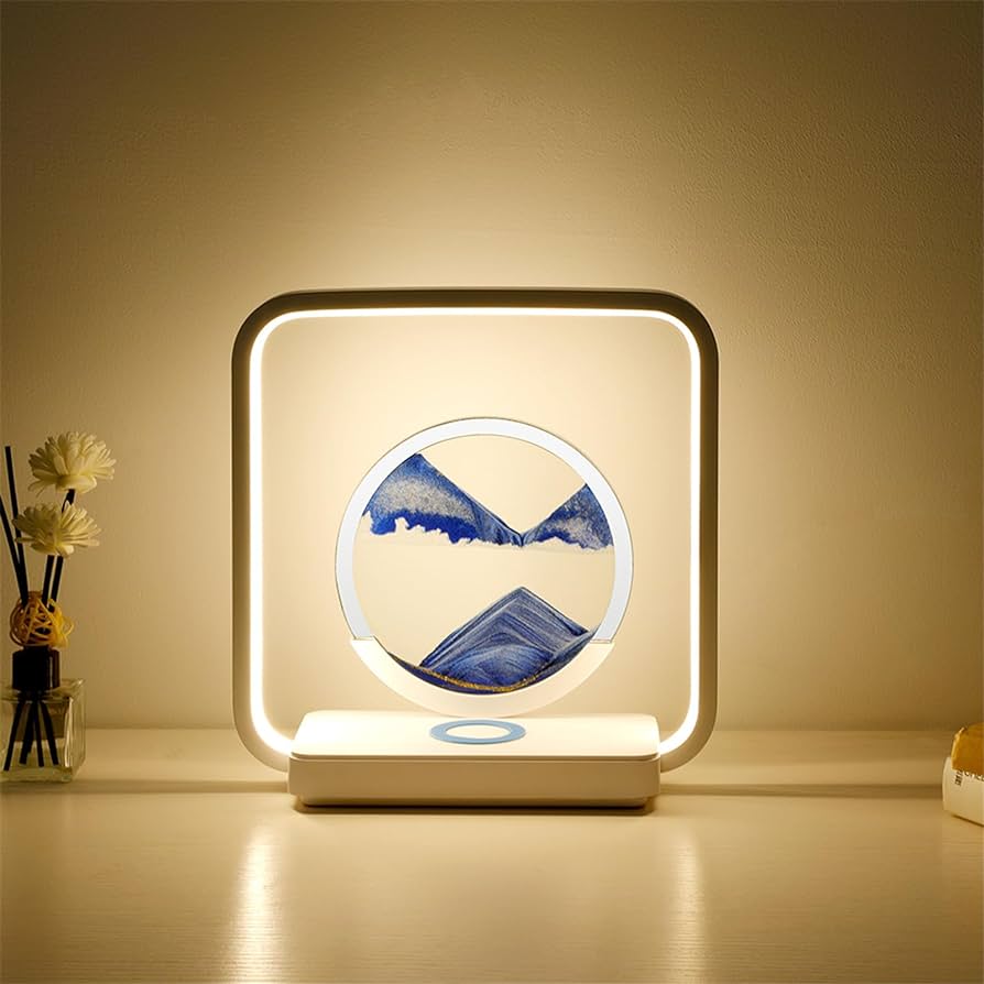 Zandkunst Nachtlamp met Draadloze Oplaadplek – Sierlijk Bewegend Zand & LED-Verlichting voor Slaapkamer Bureau Decoratie | Sansoti