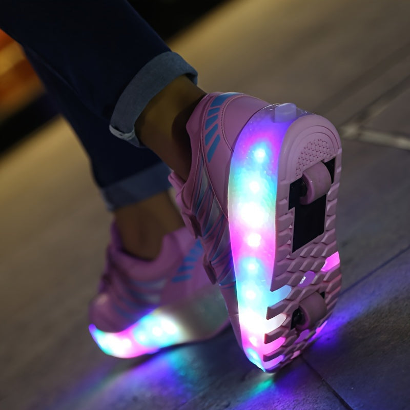 Roller sneakers kinderen LED kunstleer roze met wieltjes afneembaar schoenen skates lichtgevende kinderschoenen | Sansoti