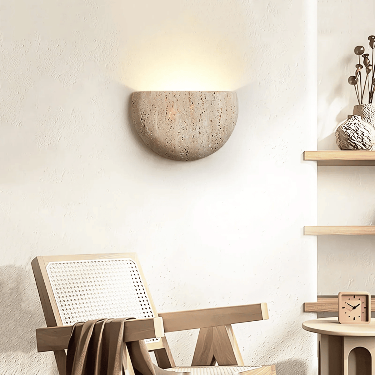 Travertin-Wandleuchte aus Naturstein Beige Warmweißes Licht für Schlafzimmer, Flur und Wohnzimmer Modernes stimmungsvolles Interieur | Sansoti