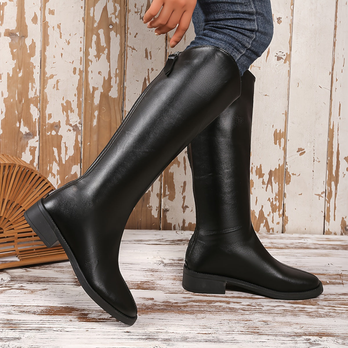 Knee-High Boots with Block Heel Black Leather Zipper Women's Winter Boots Elegant Riding Boots Comfortable Stylish | Sansoti