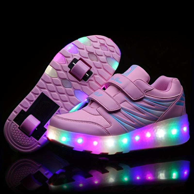 Roller sneakers kinderen LED kunstleer roze met wieltjes afneembaar schoenen skates lichtgevende kinderschoenen | Sansoti