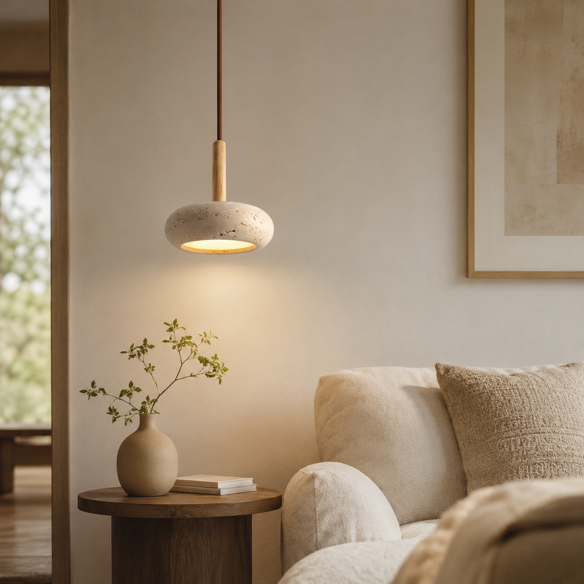 Hanglamp Japanse Stijl LED Natuursteen Hout Verstelbaar Ø15cm Warm Licht Woonkamer Eetkamer Sfeervol | Sansoti