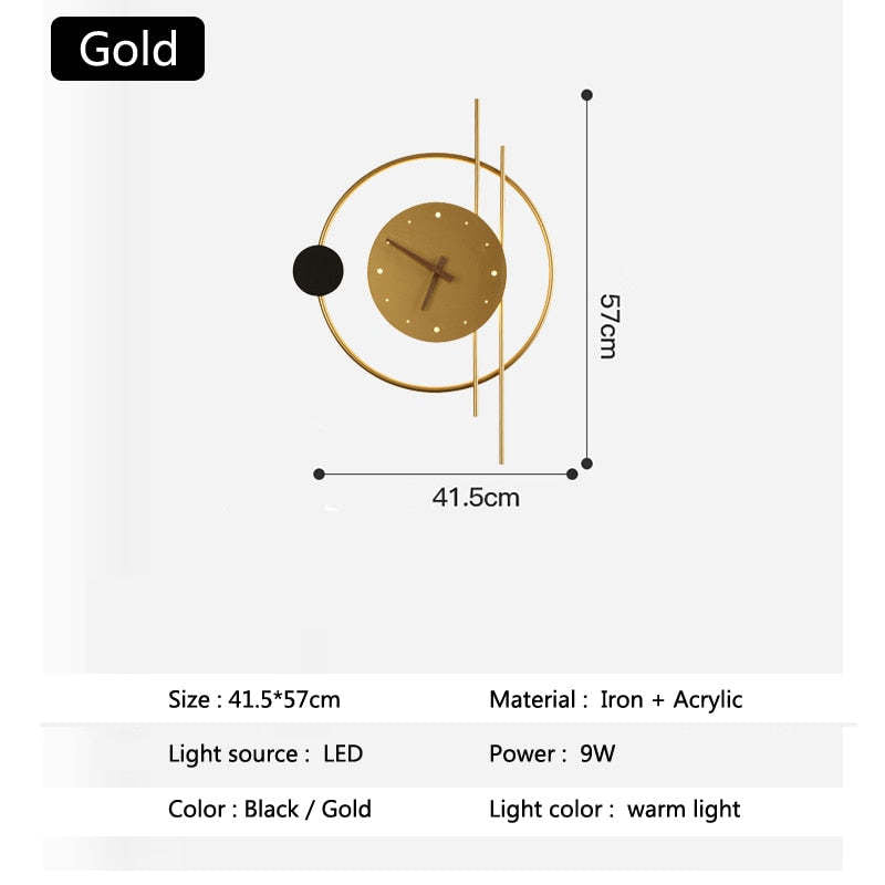 Horloge mural avec éclairage LED en métal et acrylique noir et doré, design moderne et décoratif pour salon et chambre | Sansoti