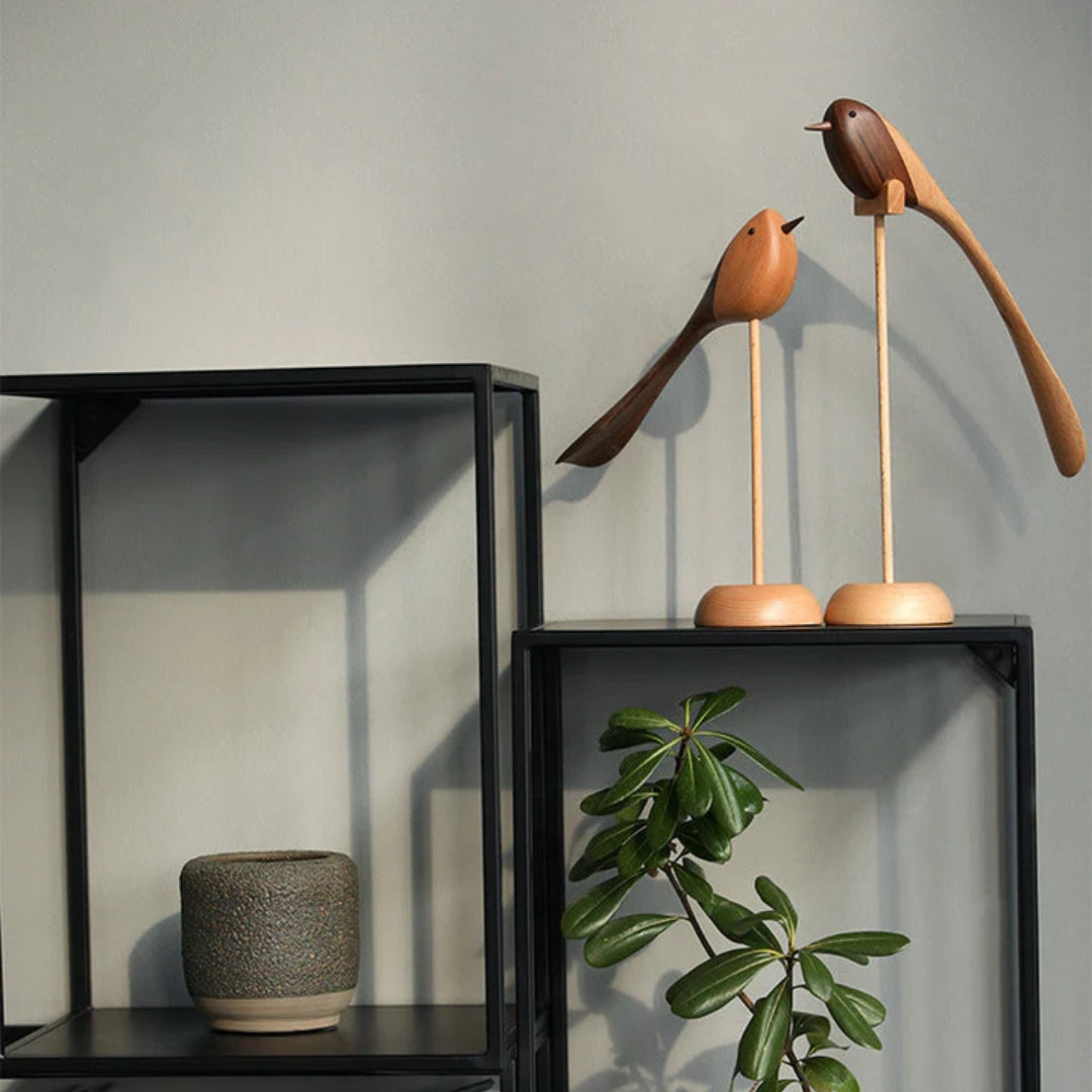Holz-Vogelskulpturen, 2er-Set, skandinavisches Design, dekoratives Rot-Holz-Interieur-Objekt für das Wohnzimmer | Sansoti