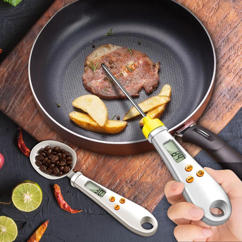 Cuillère-balance de cuisine numérique de précision 500 g avec thermomètre, blanche et noire, pour cuisiner, pâtisser et mesurer | Sansoti