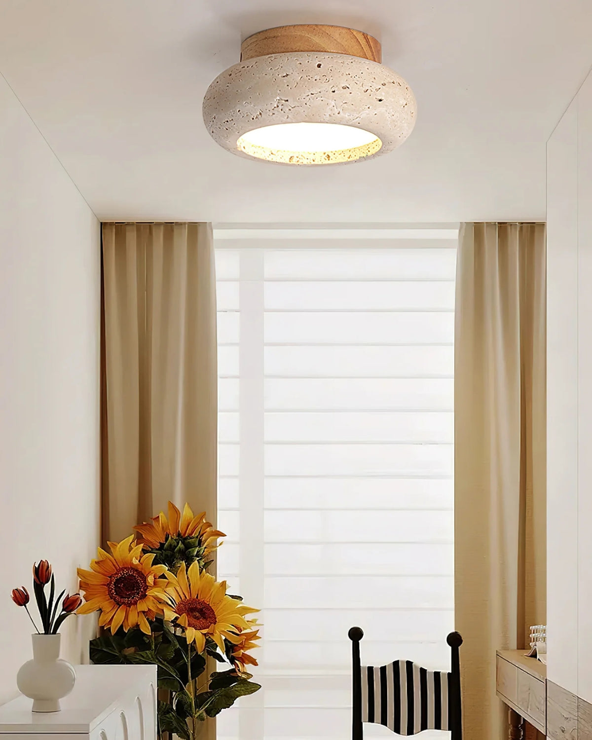 Plafondlamp acryl natuurtinten walnoot beige woonkamer slaapkamer gang warm licht diffuus elegant Scandinavisch design modern minimalisme interieur verlichting | Sansoti