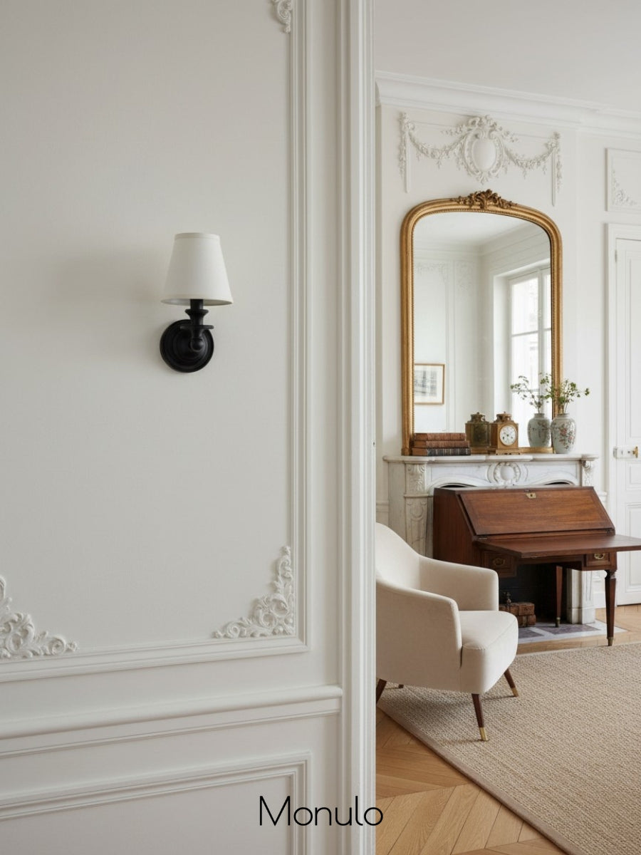 Wandlamp met stoffen kap en zwanenhalsarm – smeedijzeren armatuur met verstelbare leeslamp | Sansoti