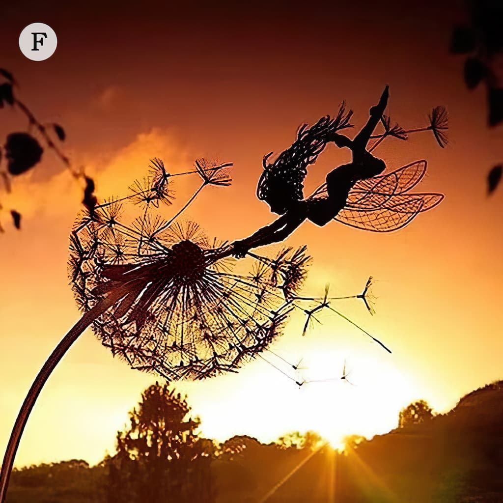 Ornement de jardin représentant une fée en silhouette avec pissenlit, en métal résistant aux intempéries, décoration pour massifs, bordures et pelouses | Sansoti