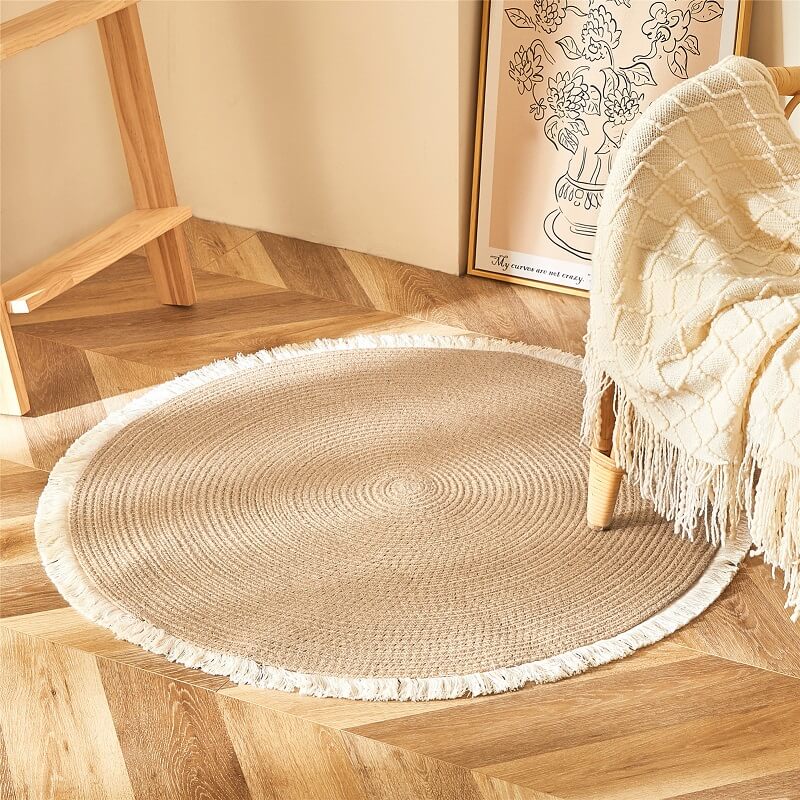Braided Round Jute Rug Natural Fiber Reversible Beige Black 45-120cm Handmade Bohemian Style | Sansoti