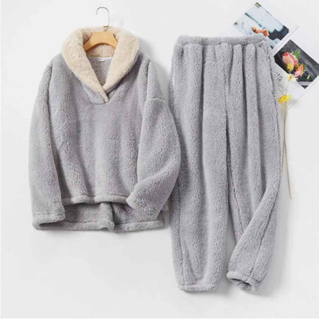 Fleece-Pyjama für Damen, zweiteilig, Langarmshirt & Hose, warmes Schlafset, Hausanzug, Winterkomfort, weiche Nachtwäsche | Sansoti