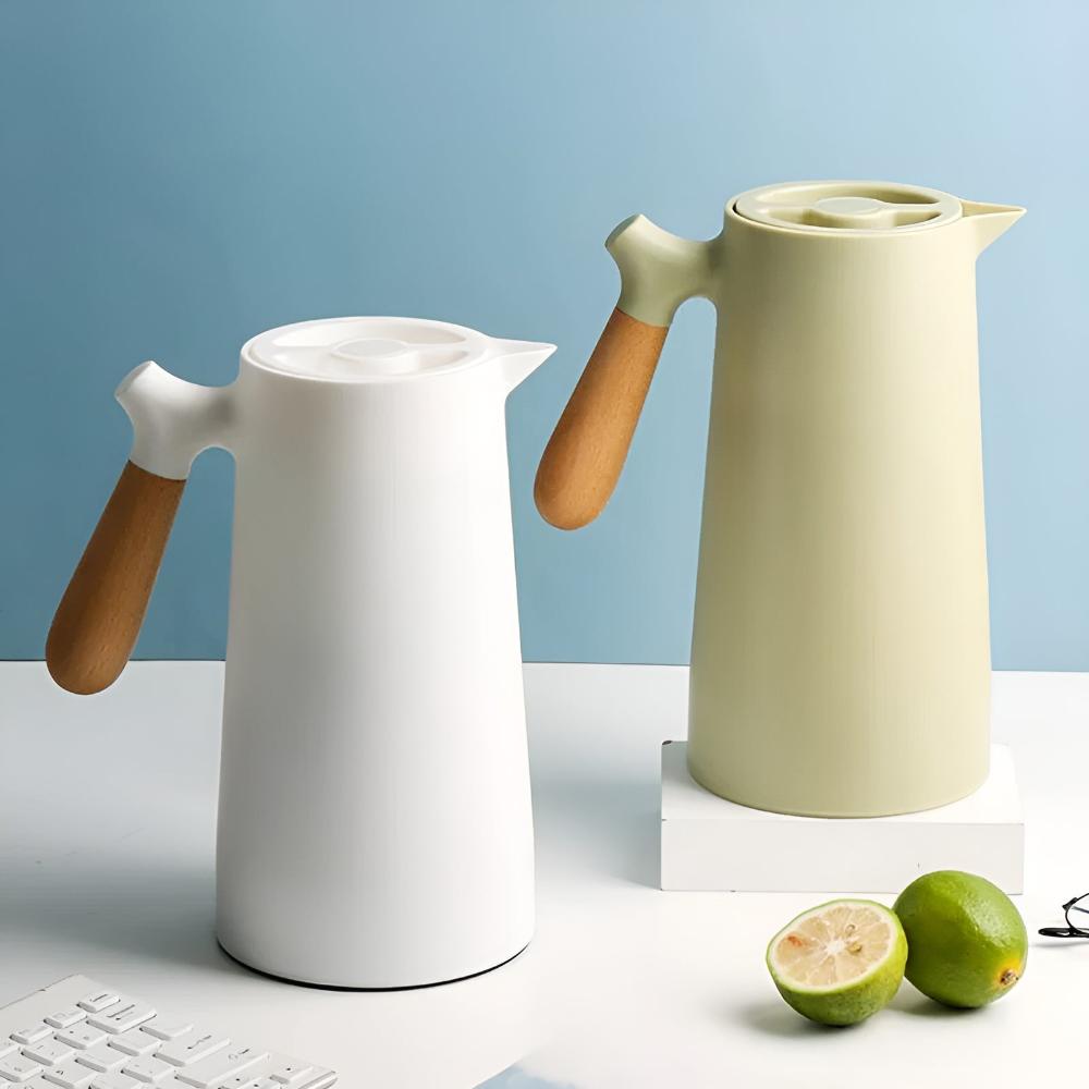 Thermoskan 1L RVS Houten Handvat Beige Keuken Koffie Thee Geïsoleerde Karaf Dubbelwandig Lekvrij Design Karaf Scandinavisch | Sansoti