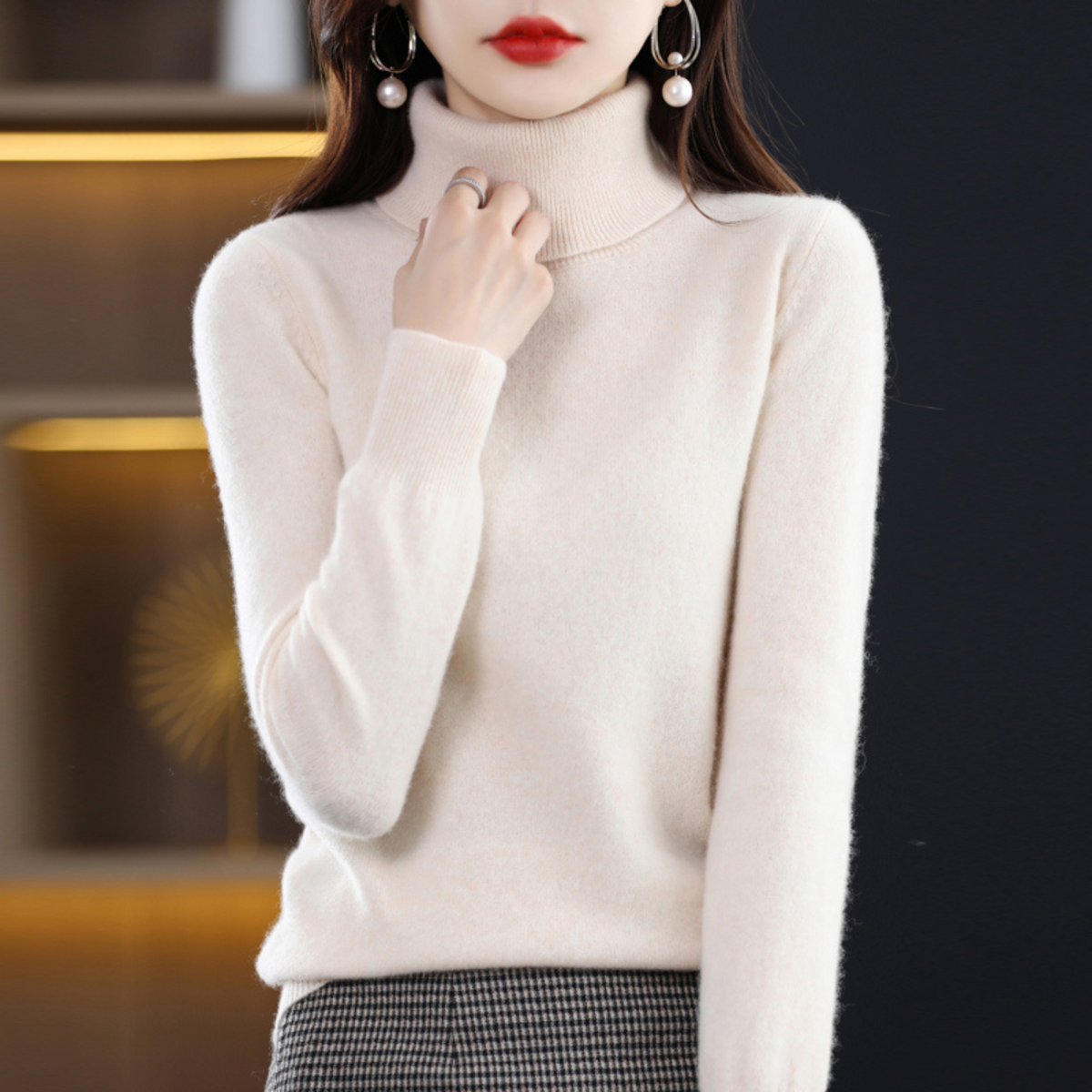 Jersey de cachemira de punto con cuello alto para mujer Negro Blanco Gris Rosa Lila Rojo Azul Marrón Básico elegante de otoño e invierno | Sansoti
