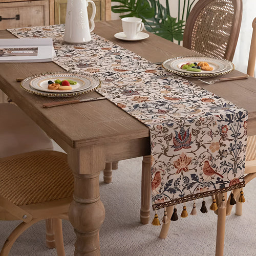 Jacquard Tischläufer Vogel & Blume Quasten Rustikal