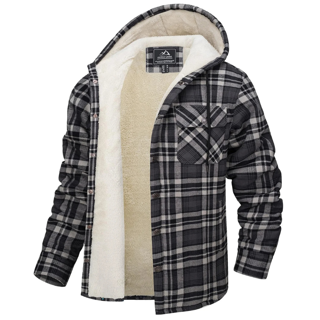 Gefüttertes Flanell-Overshirt für Herren, kariertes Hemdjacke mit Kapuze, warme Winterjacke, Herbst-Outdoor-Arbeitskleidung | Sansoti