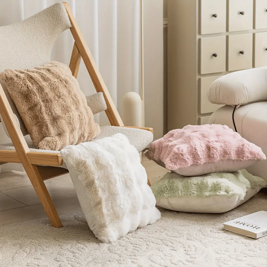 Kussenhoezen Nepbont Zacht Luxe 43x43cm Khaki Grijs Groen Wit Rits Decoratief voor Woonkamer Bank Interieur | Sansoti