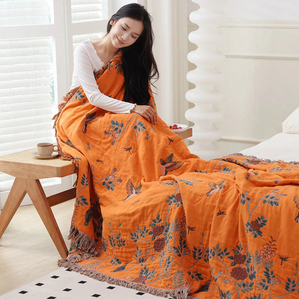 Meerlaagse Gazen Katoenen Plaid met Kwasten en Jacquardpatroon voor Bed en Bank | Sansoti