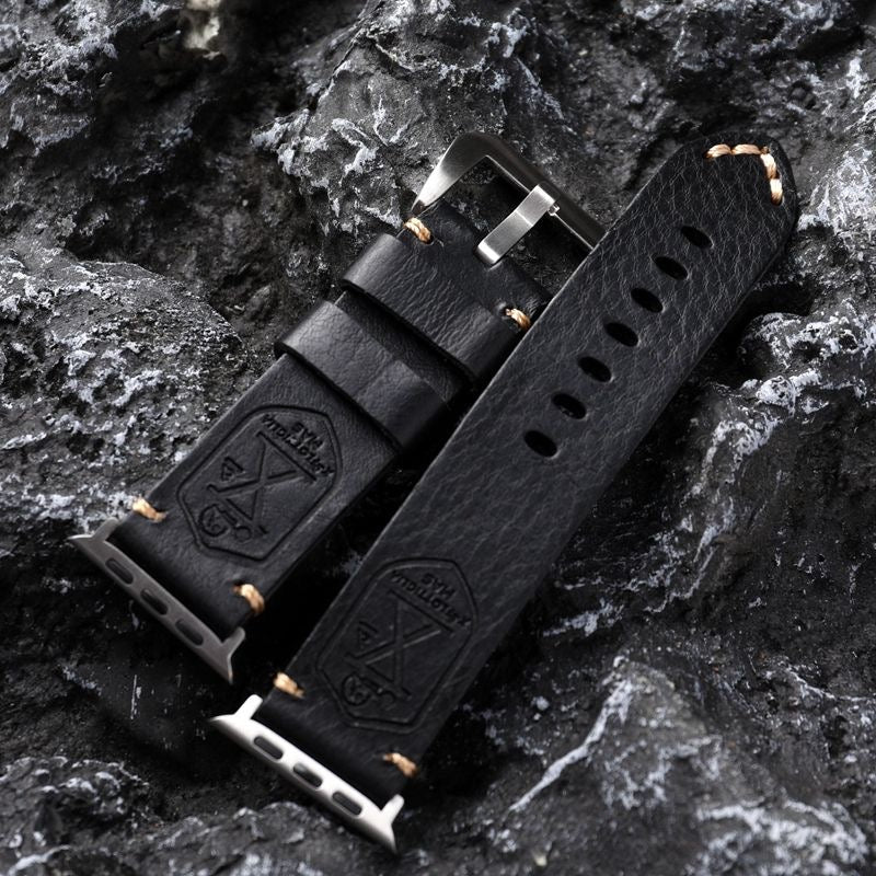 Vintage Leren Horlogeband voor Apple Watch met Handgestikte Naden en Volledig Narfleder Afwerking | Verstelbare Bandje 40-49mm voor Authentieke Retro Look Patina Ontwikkeling | Sansoti