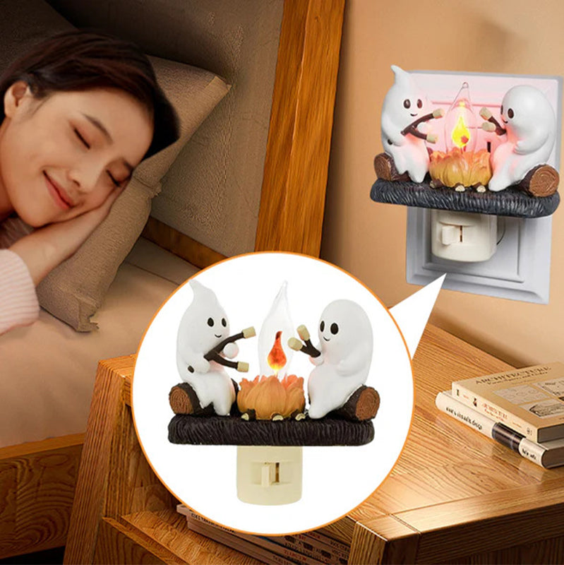 Spookje met Kampvuur Nachtlampje LED Flikkerlicht Kinderkamer Decoratief Halloween Sfeer Sfeerlamp Warm Licht | Sansoti