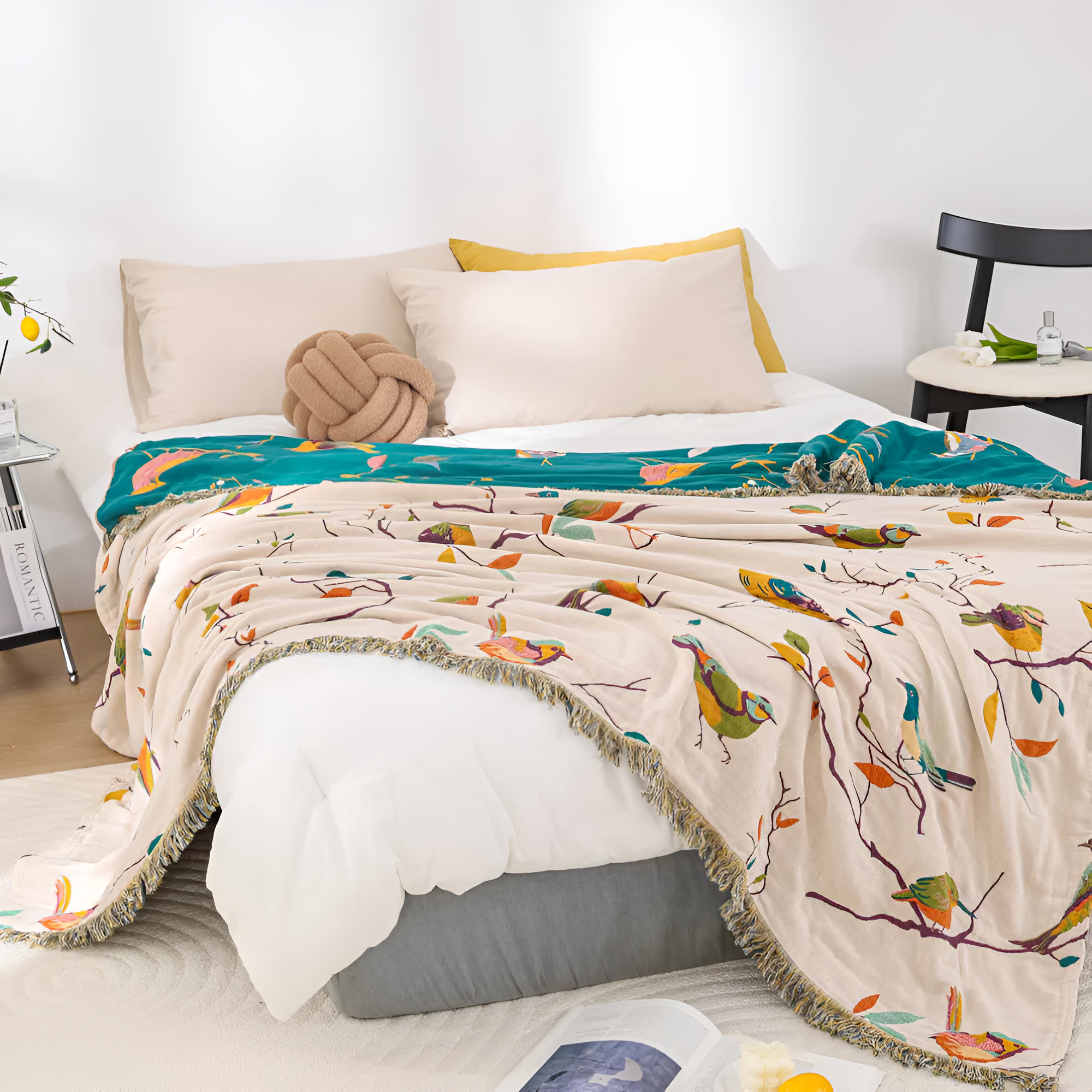 Katoenen Plaid met Vogelmotief en Kwastjes – Vintage Boho Stijl Deken voor Bank, Bed of Picknick | Sansoti