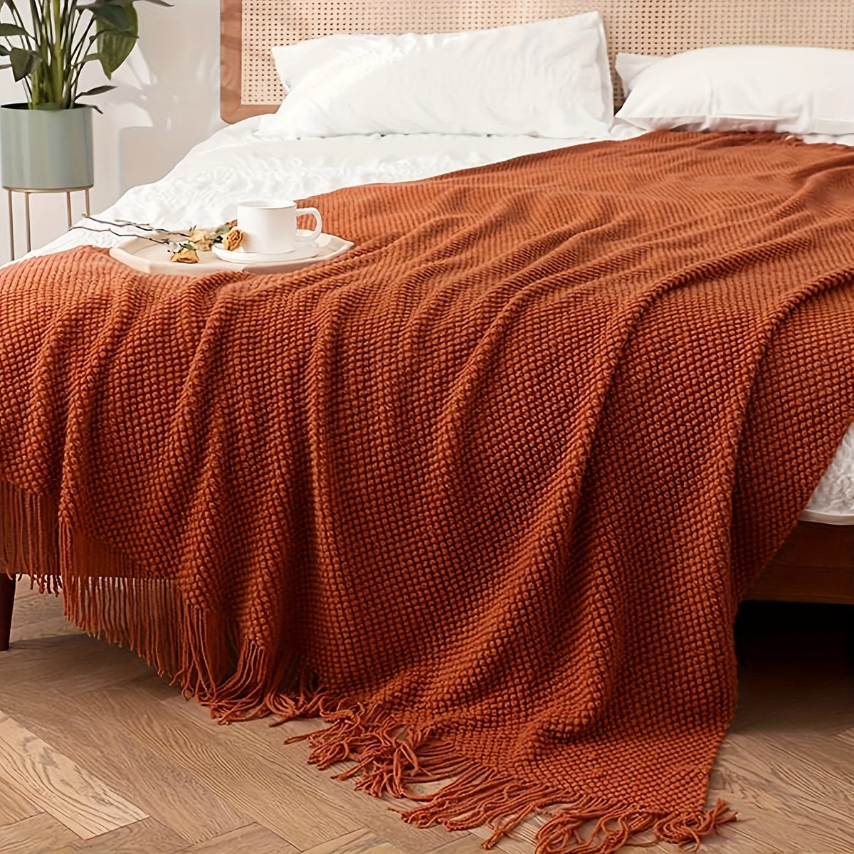 Plaid tricoté à pompons, tons orange, 130x160 cm, couverture en polyester, jeté de canapé, décoration chaleureuse pour le salon | Sansoti