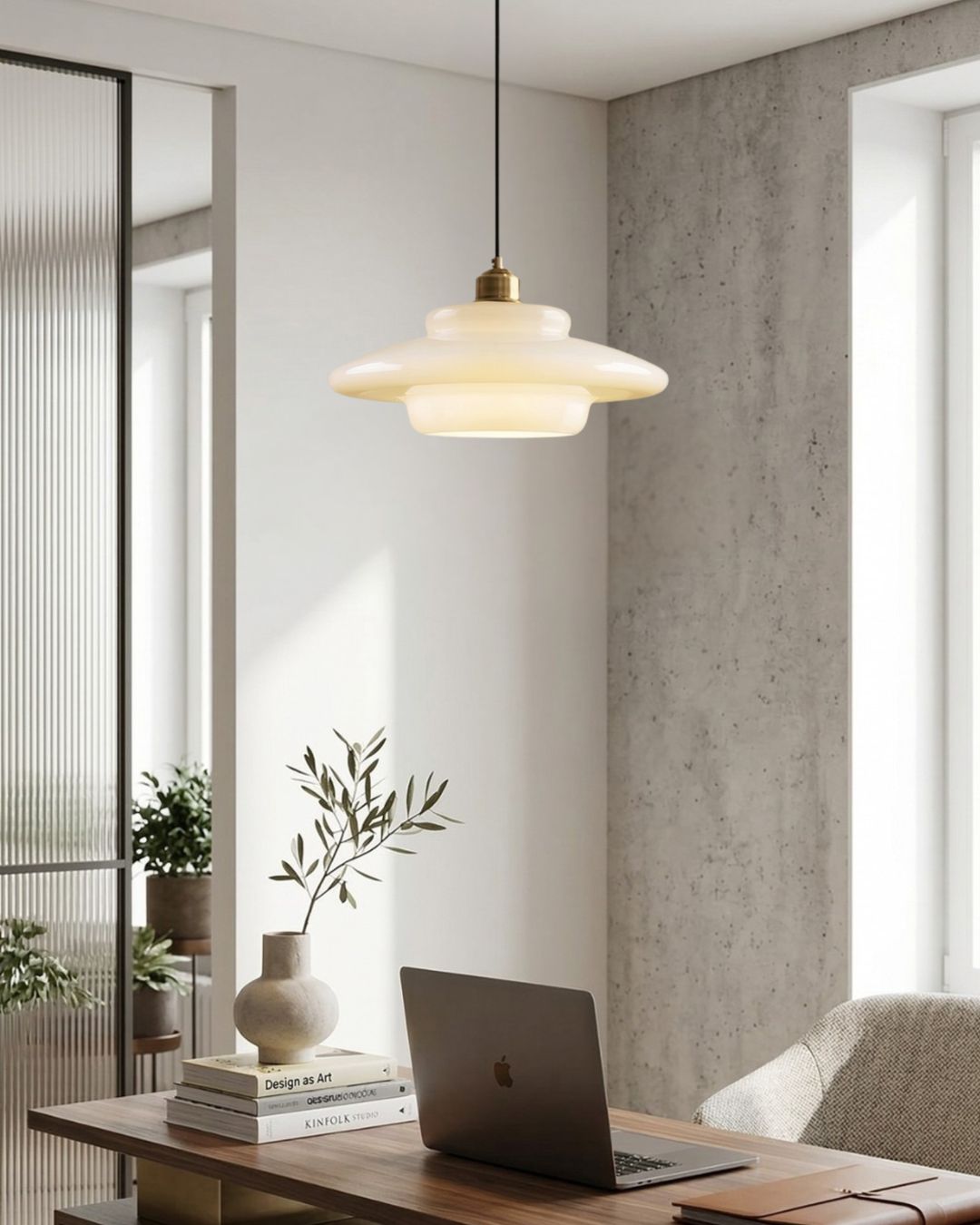 TINA Hanglamp – Mid-Century Melkwit Glas met Geborsteld Messing | Moderne Eetkamer & Keukenverlichting | Verstelbaar | E27 Fitting | Sansoti