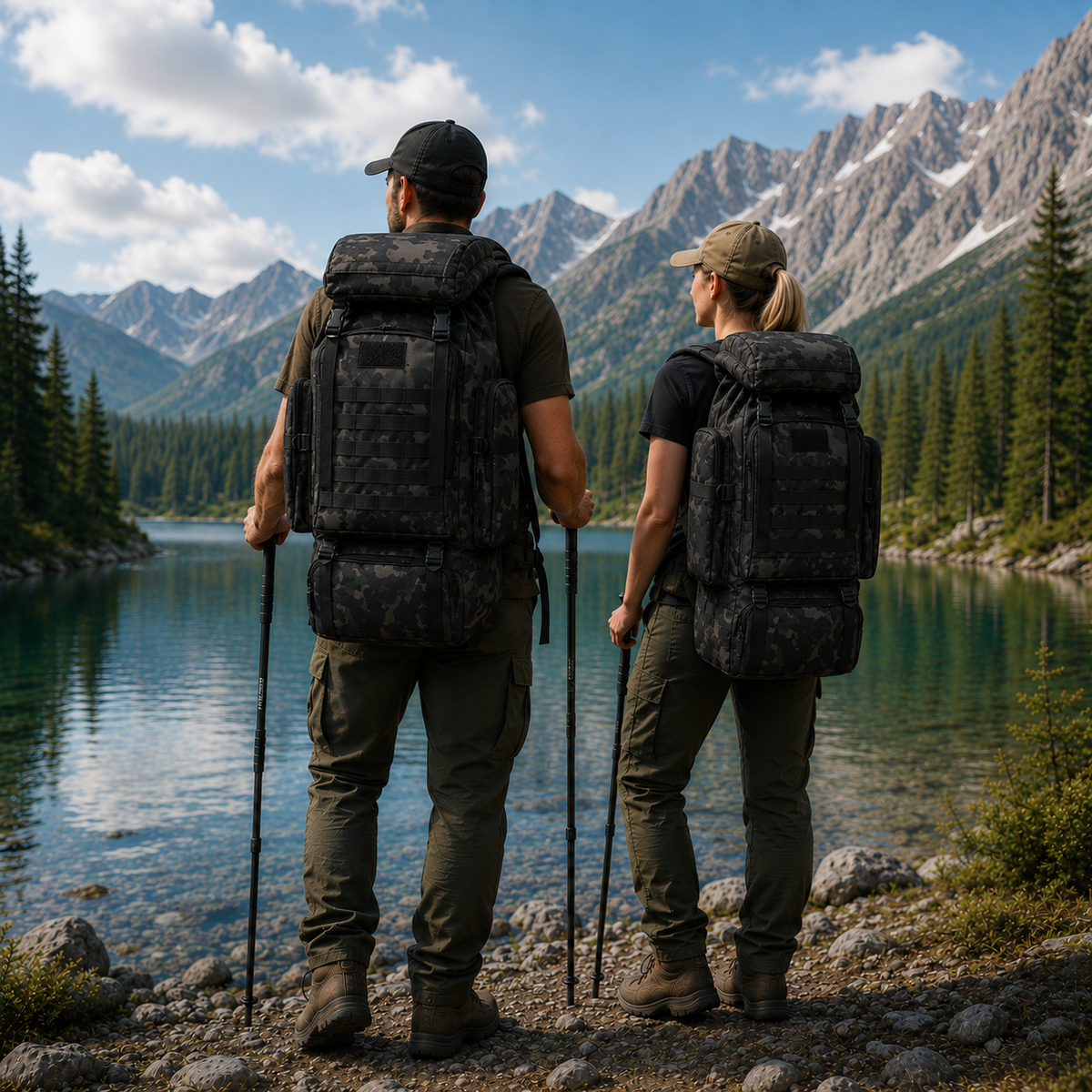 Sac à dos de trekking 80 litres avec système MOLLE ergonomique, sac à dos outdoor camouflage kaki noir pour randonnée | Sansoti