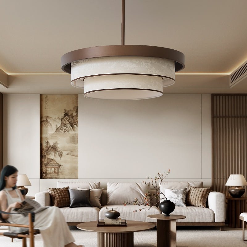 Gelaagde Hanglamp met Stoffen Ringen Brons Wit LED voor Eetkamer Entree Hoog Plafond Modern Scandinavisch | Sansoti