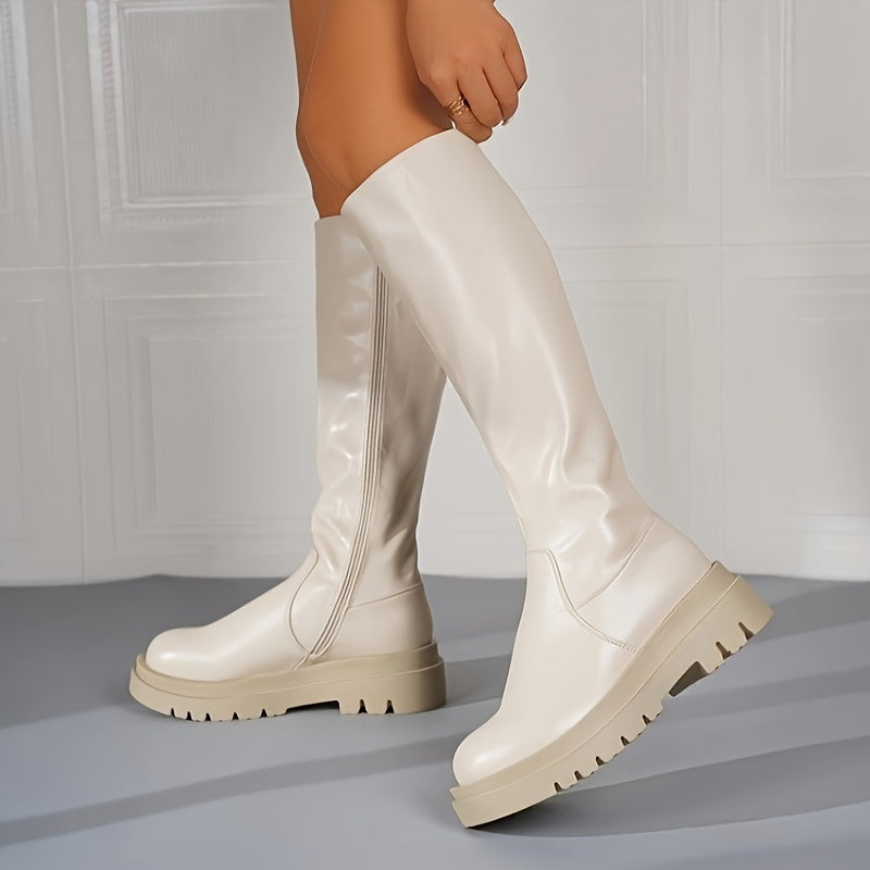 Women's Knee-High Boots Mid Heel Beige Zipper Design Soft Lined Winter Footwear Elegant Women's Boots | Sansoti