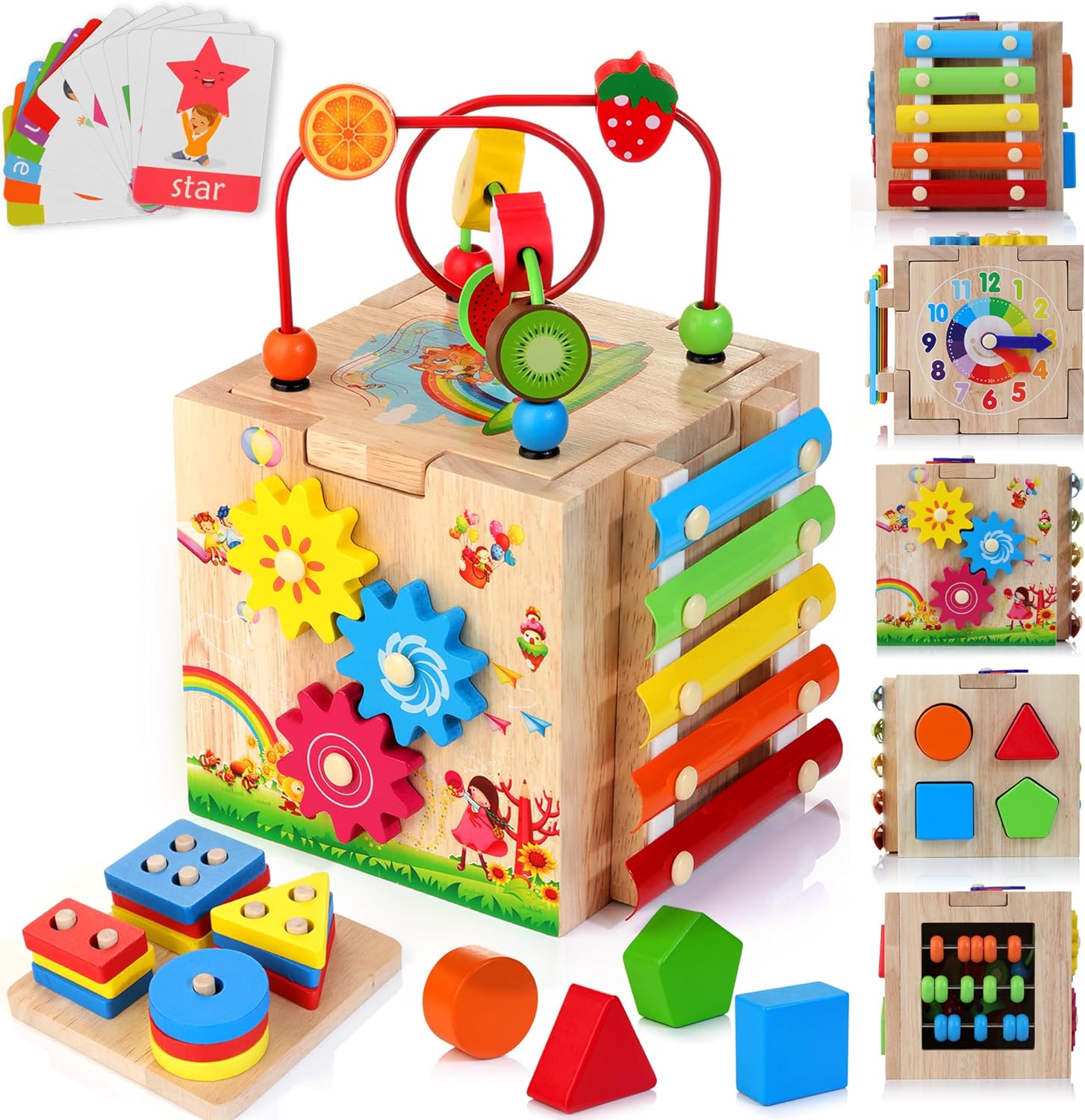 8-in-1 Houten Activiteitenkubus voor Peuters – Montessori Ontdekkubus met Xylofoon & Kralenframe | Sansoti