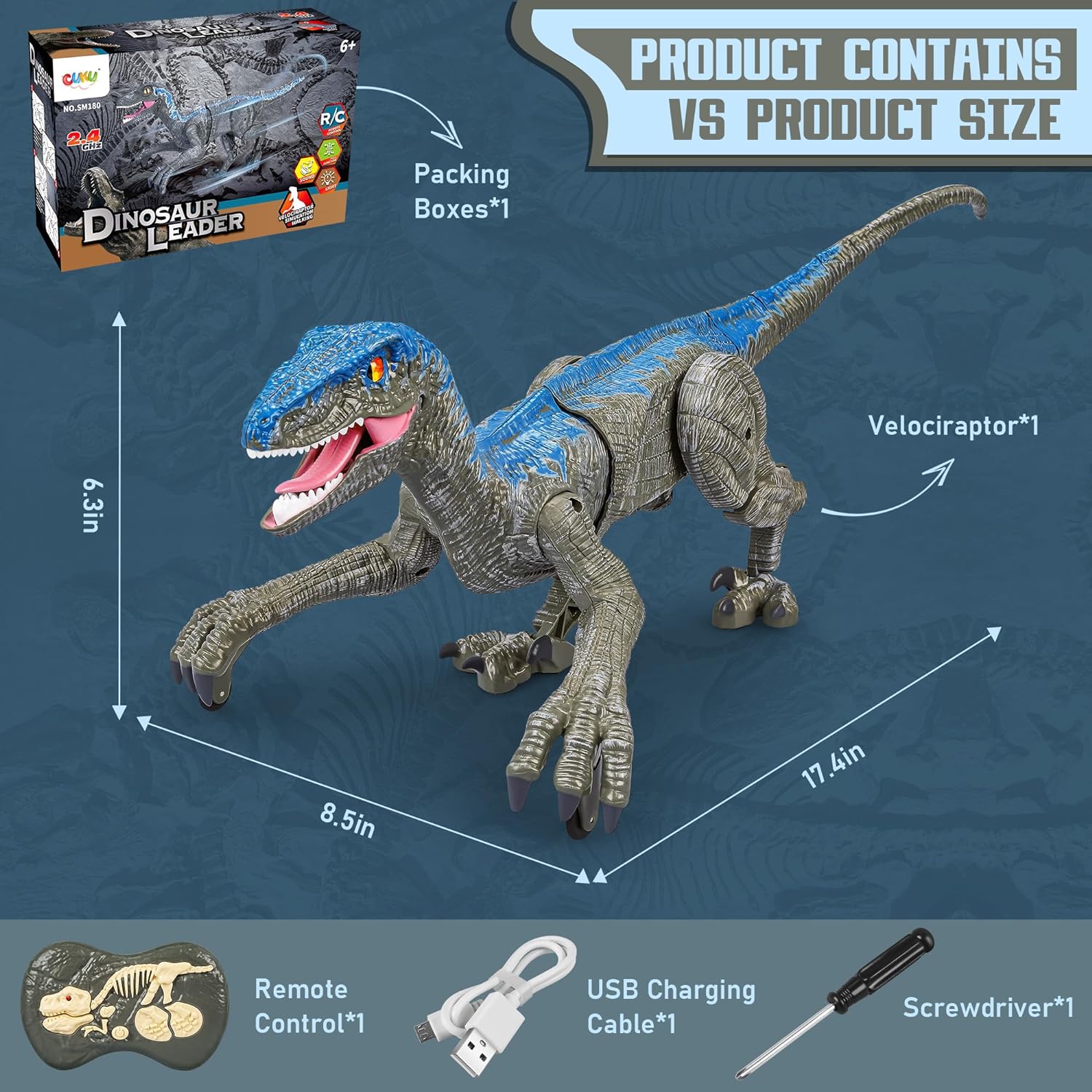 Robot dinosaure Velociraptor télécommandé 45cm, gris et jaune, jouet pour enfants | Sansoti