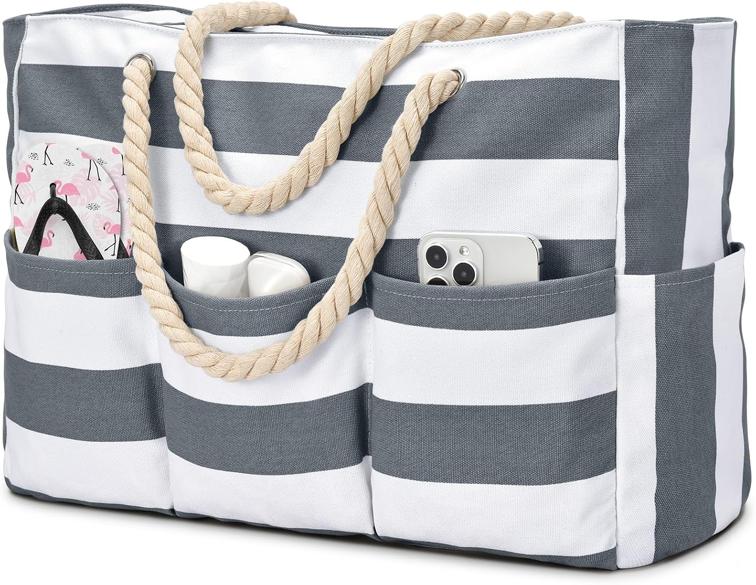 Strandtas XXL Canvas met Rits Waterdicht 7 Vakken Zandvrij Zwembadtas Reistas Shopper Schoudertas voor Vakantie | Sansoti