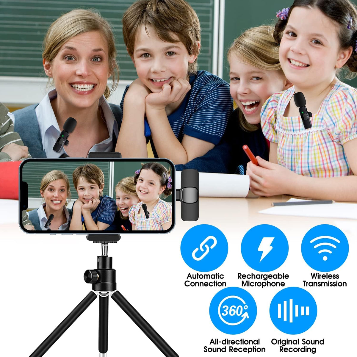 Draadloze Microfoonset voor Smartphone 2 Stuks Lightning 2.4GHz Lavalier Clip 65ft Bereik Vlogging Opname | Sansoti