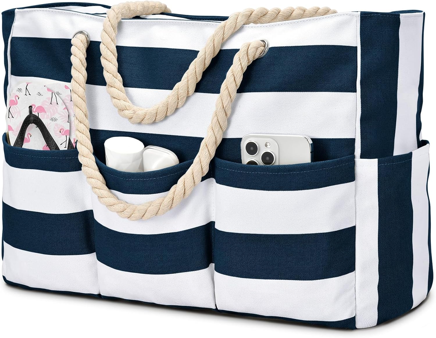 Strandtas XXL Canvas met Rits Waterdicht 7 Vakken Zandvrij Zwembadtas Reistas Shopper Schoudertas voor Vakantie | Sansoti