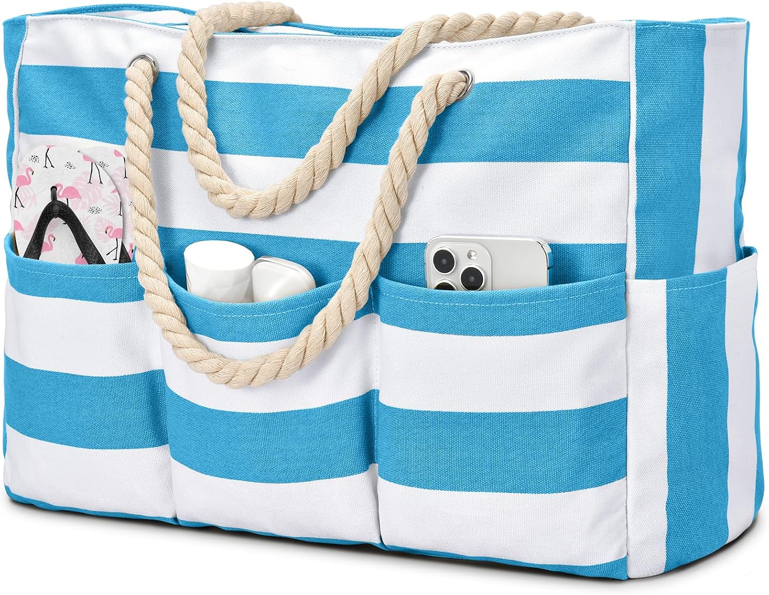 Strandtas XXL Canvas met Rits Waterdicht 7 Vakken Zandvrij Zwembadtas Reistas Shopper Schoudertas voor Vakantie | Sansoti