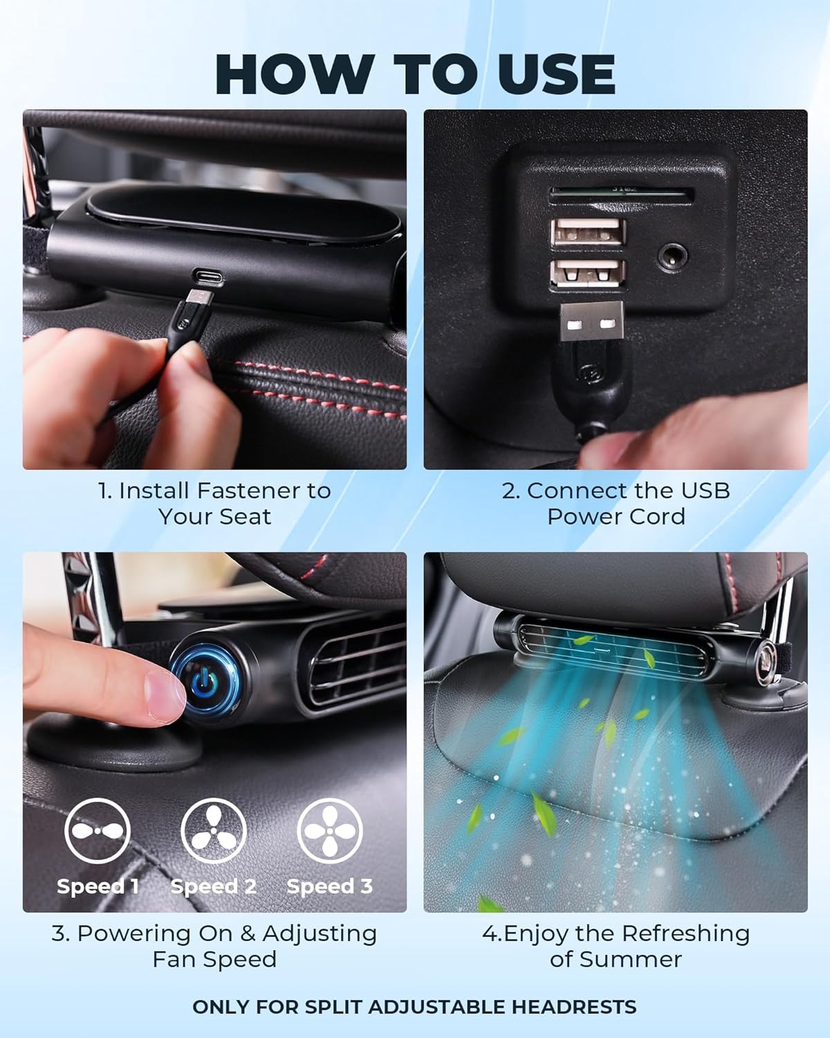 USB Car Fan for Headrest 3 Speeds Adjustable for Front and Rear Passengers Bladeless Safe Quiet Compact | Sansoti