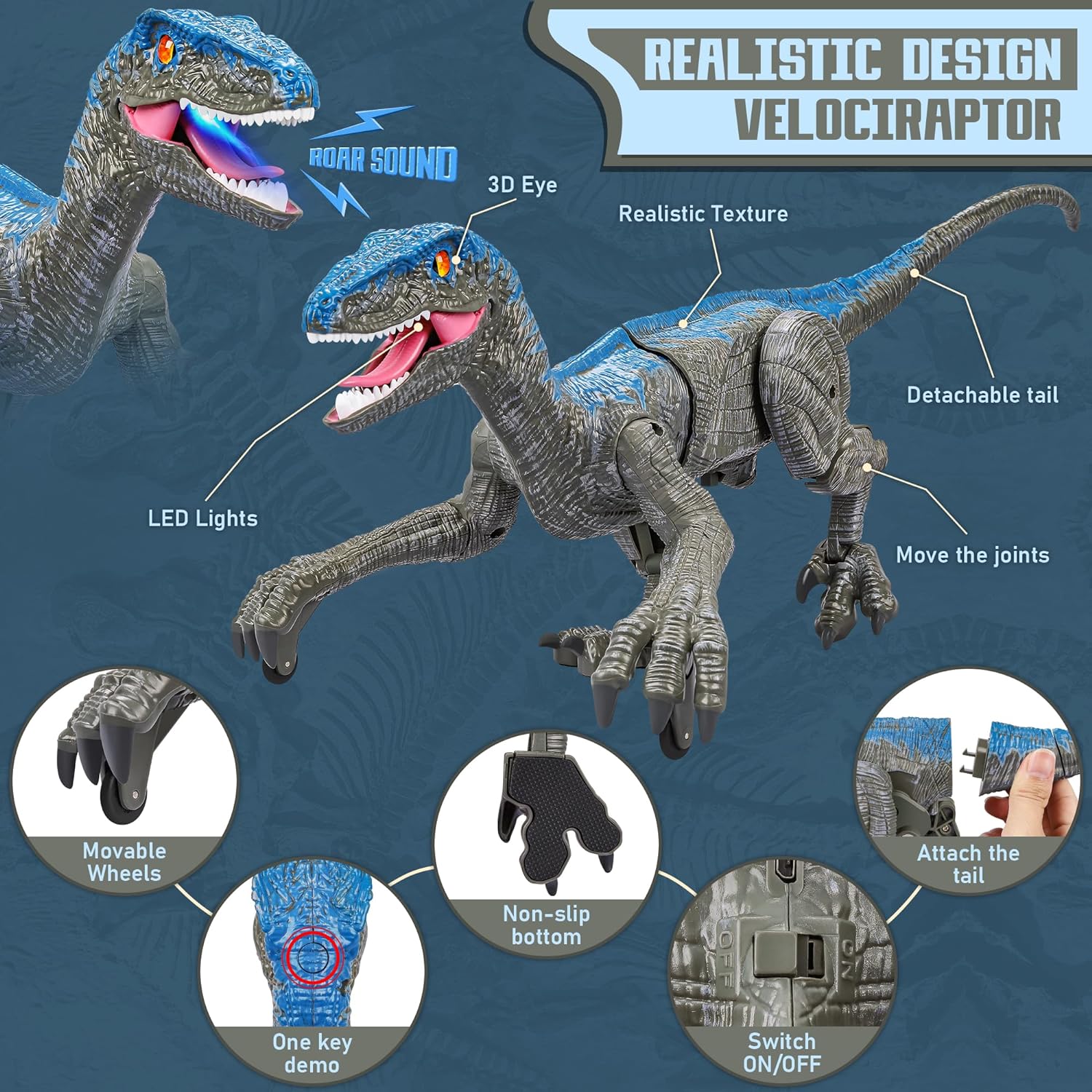 Robot dinosaure Velociraptor télécommandé 45cm, gris et jaune, jouet pour enfants | Sansoti